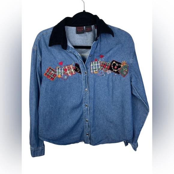 Quizz Again Tops - Quizz Again Blue Denim Vintage Button Up Embroidered Floral Top S Women’s EUC